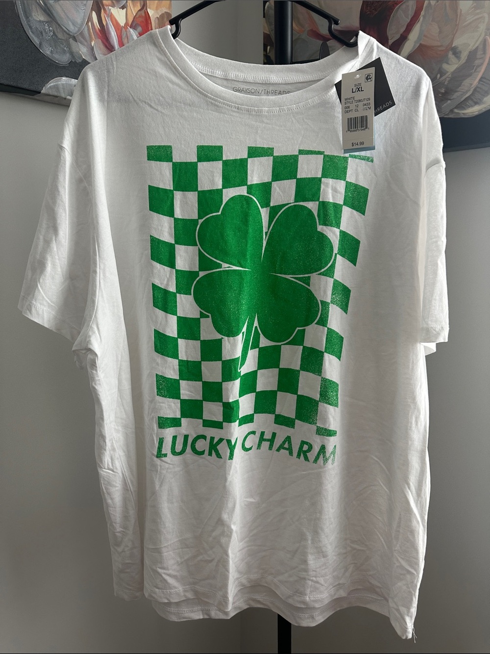 Grayson Threads White Tee with Green Shamrock Checker Graphic